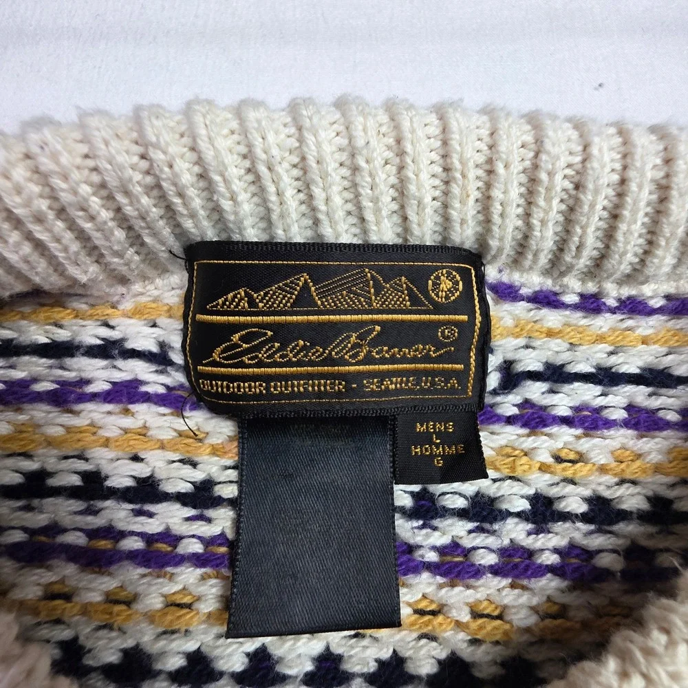 Vintage Eddie Bauer Mens Large Cotton Knit Sweater Multi-Color Crewneck Purple